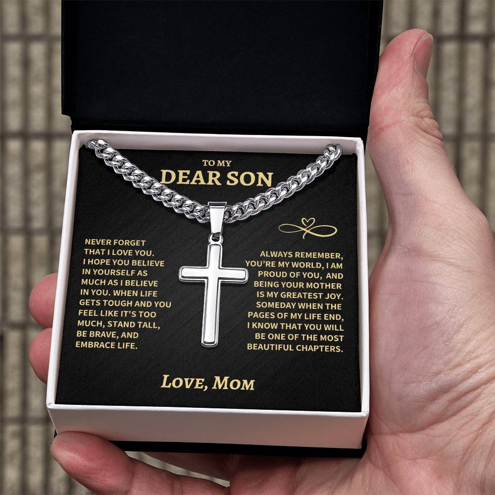 Son Gift From Mom, "Beautiful Chapters", Cuban Chain Artisan Cross Necklace - Image 3